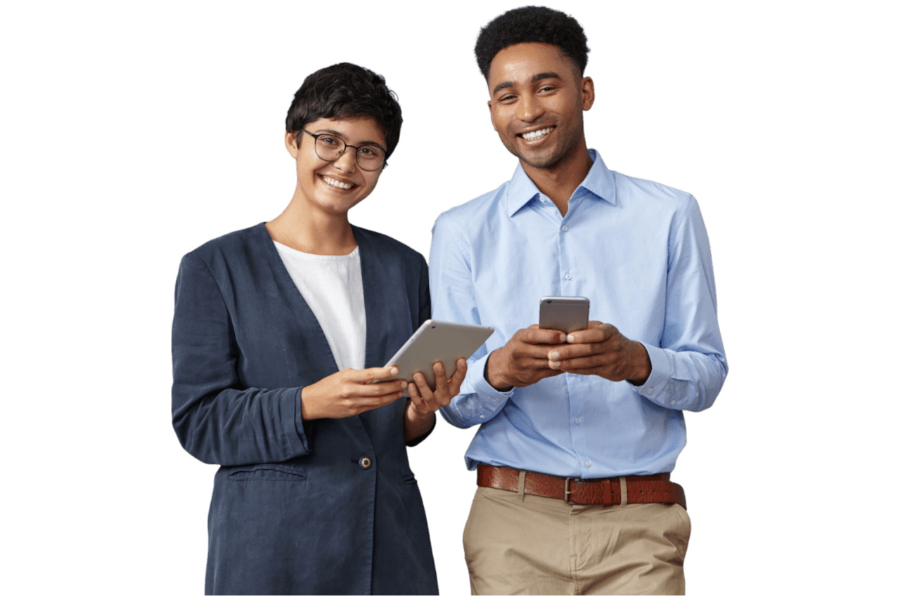 Happy business team using tablets and smartphone.